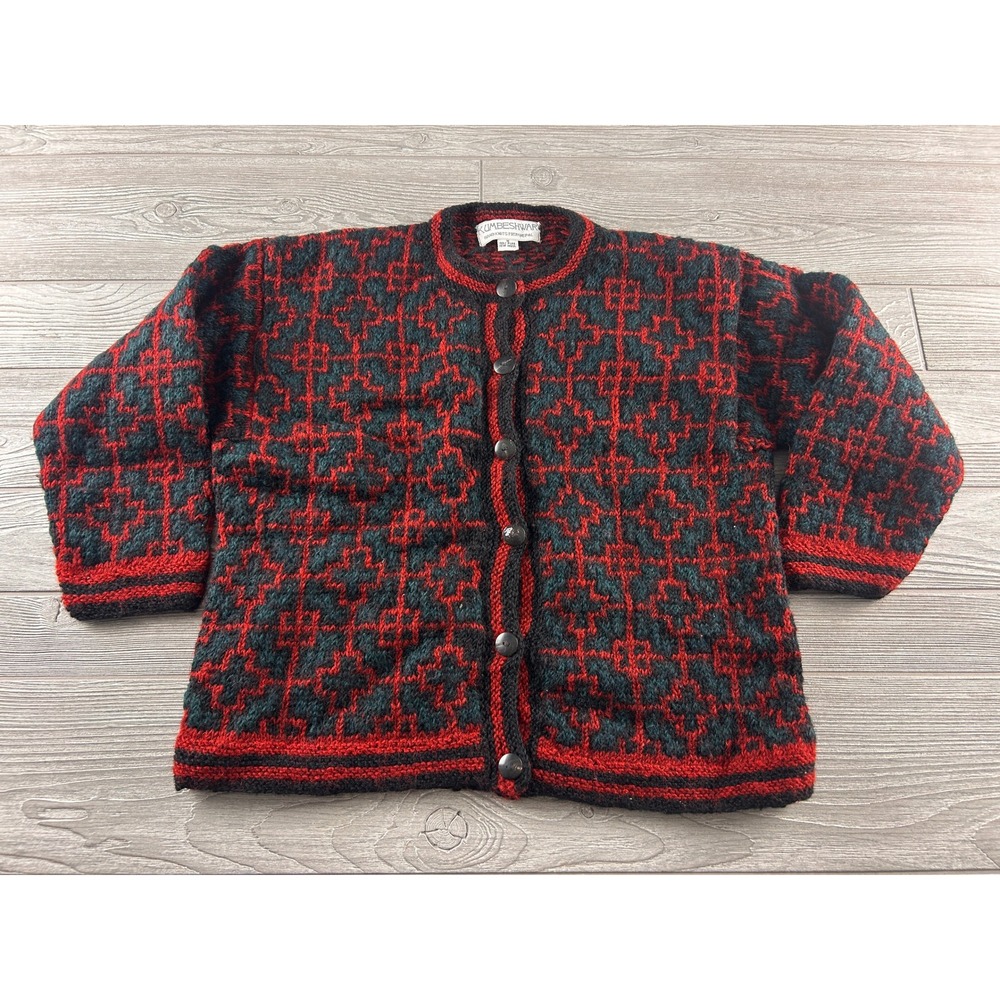 Kumbeshwar Hand Knits Nepal Wool Cardigan Sweater Red Grey Geometric Womens S